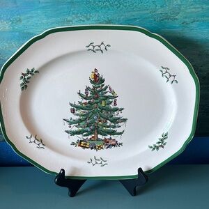 Spode Christmas Tree Green Trim 15 inch Large Oval Serving Platter